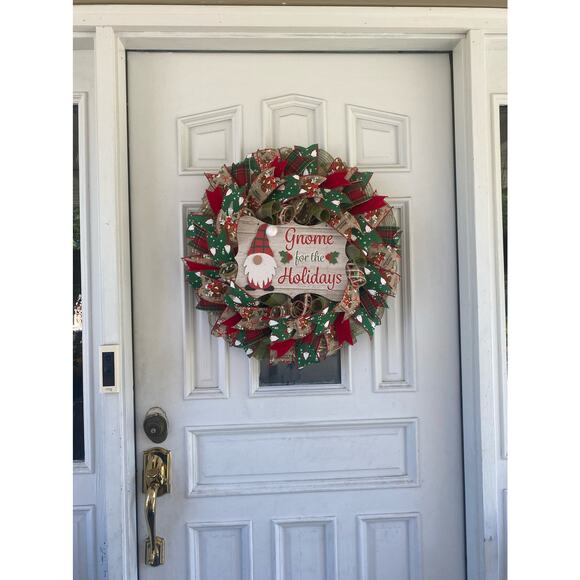 Gnome for the Holidays Deco Mesh Ribbon Christmas Wreath Front Door Hanger - Picture 7 of 7